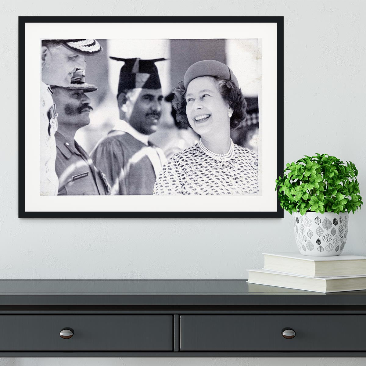 Queen Elizabeth II laughing during her tour of India Framed Print - Canvas Art Rocks - 1