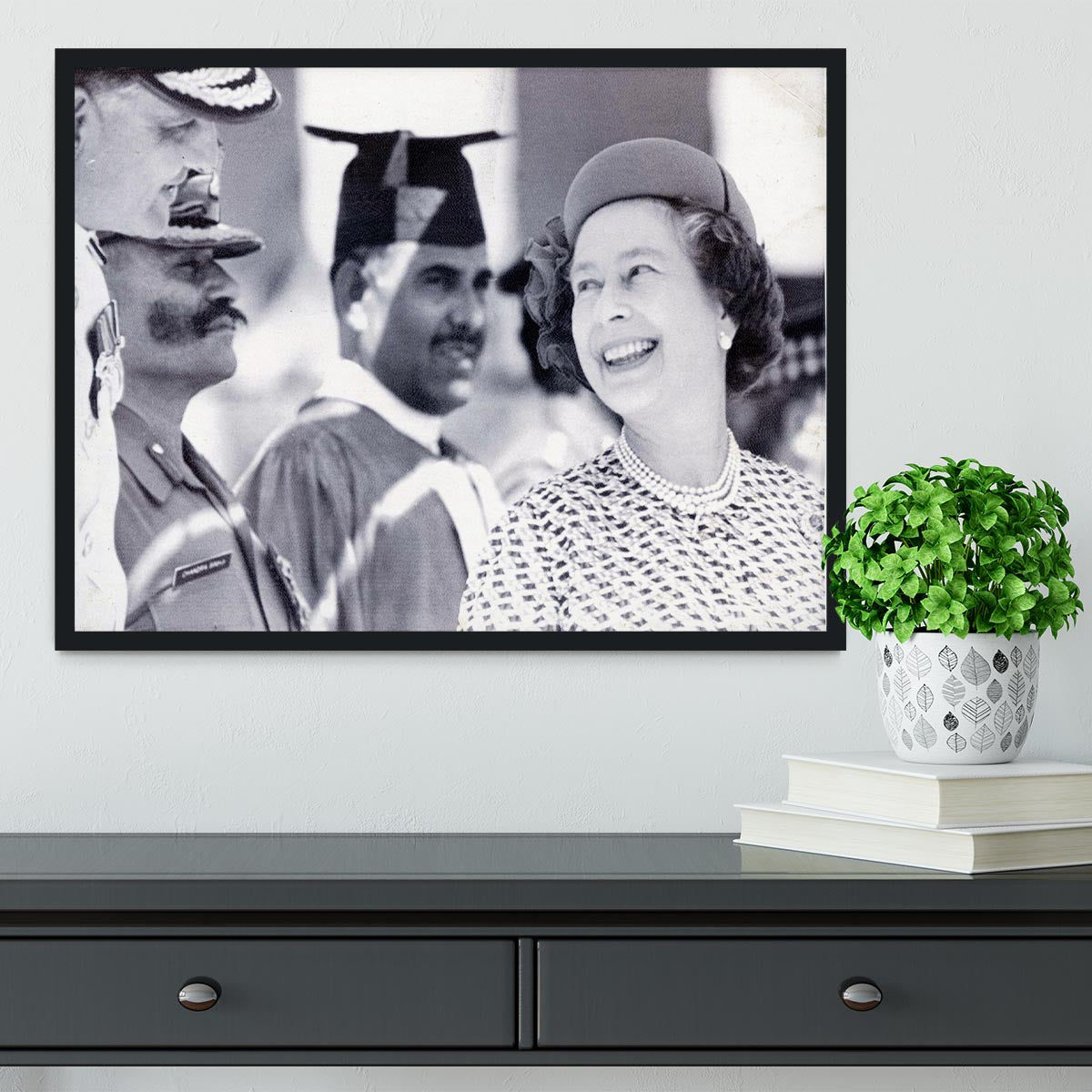 Queen Elizabeth II laughing during her tour of India Framed Print - Canvas Art Rocks - 2