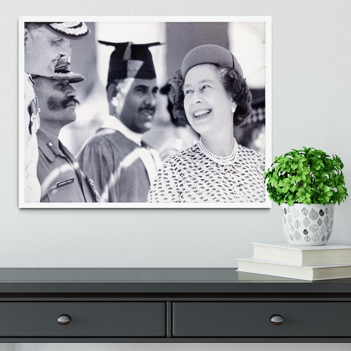 Queen Elizabeth II laughing during her tour of India Framed Print - Canvas Art Rocks -6
