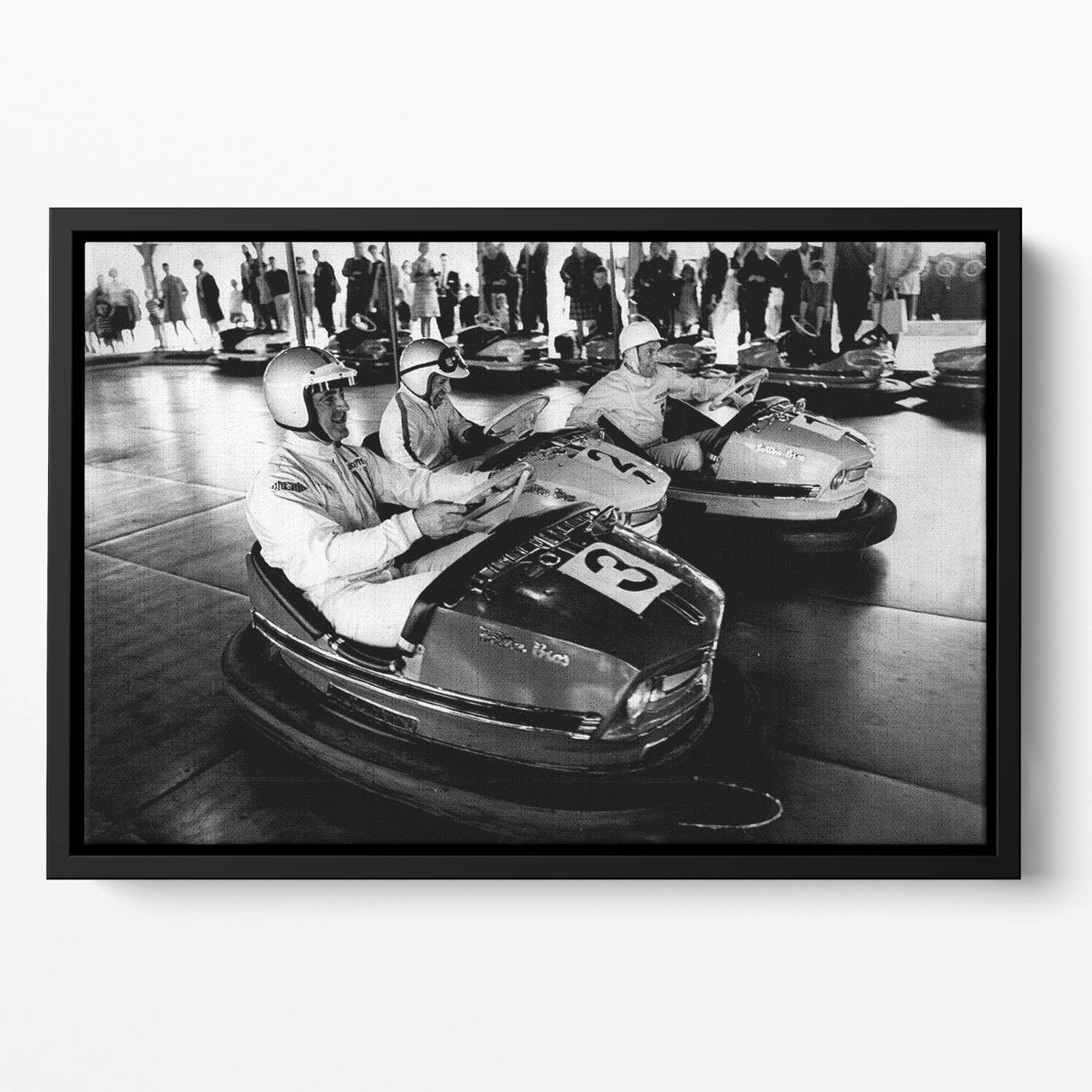 Racing drivers on the dodgems Floating Framed Canvas