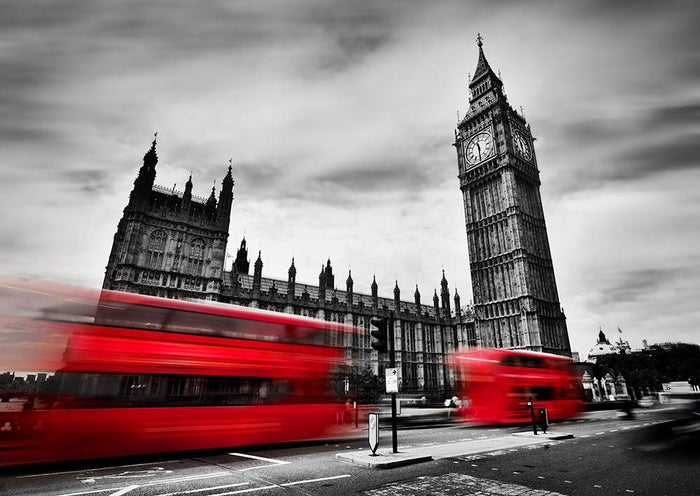 Red buses in motion and Big Ben Wall Mural Wallpaper