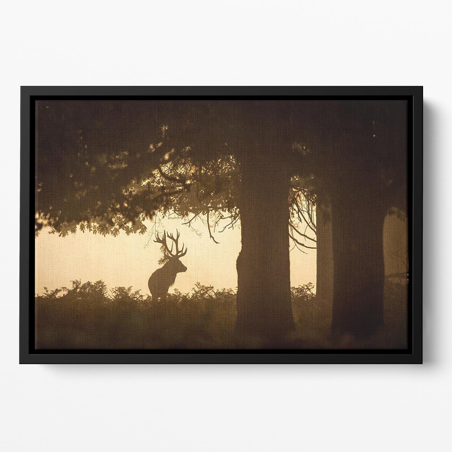 Red deer stag silhouette in forest Floating Framed Canvas - Canvas Art Rocks - 2