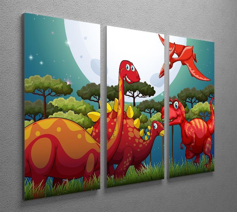 Red dinosuars under full moon 3 Split Panel Canvas Print - Canvas Art Rocks - 2