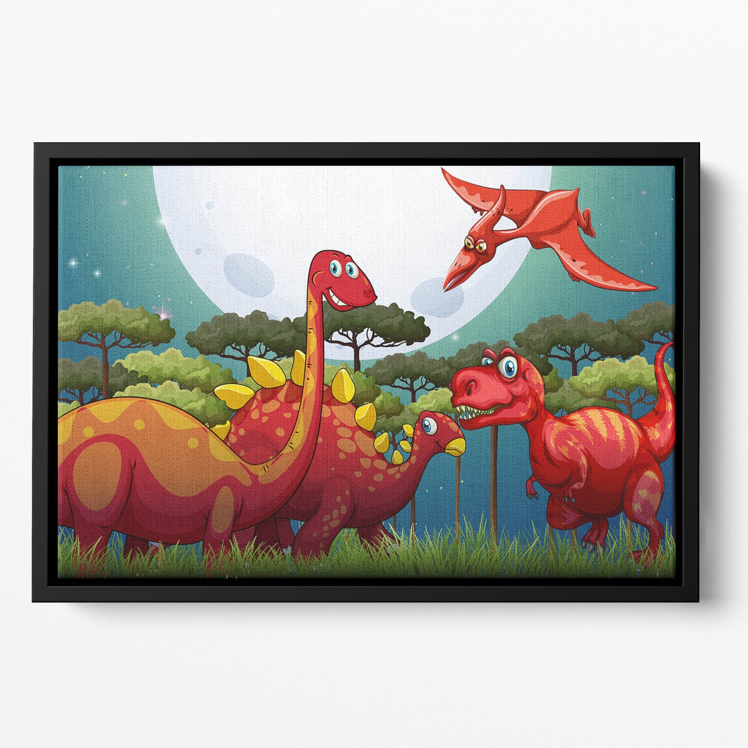 Red dinosuars under full moon Floating Framed Canvas