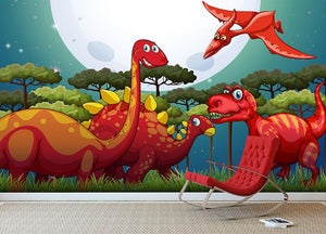 Red dinosuars under full moon Wall Mural Wallpaper - Canvas Art Rocks - 3