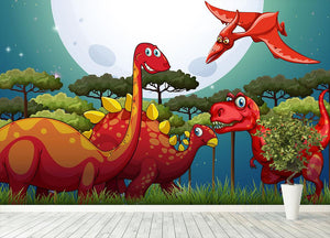 Red dinosuars under full moon Wall Mural Wallpaper - Canvas Art Rocks - 4