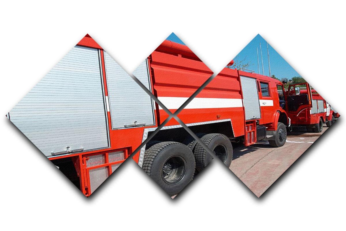Red fire engine standing on the road 4 Square Multi Panel Canvas  - Canvas Art Rocks - 1