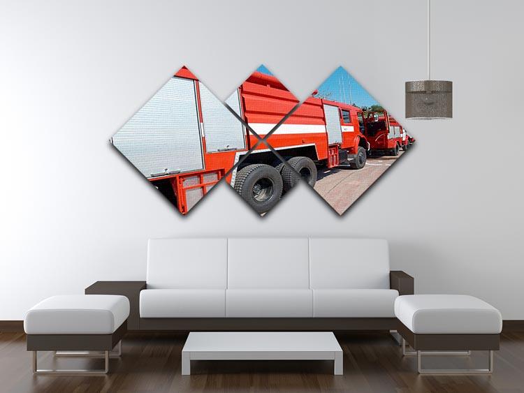 Red fire engine standing on the road 4 Square Multi Panel Canvas  - Canvas Art Rocks - 3