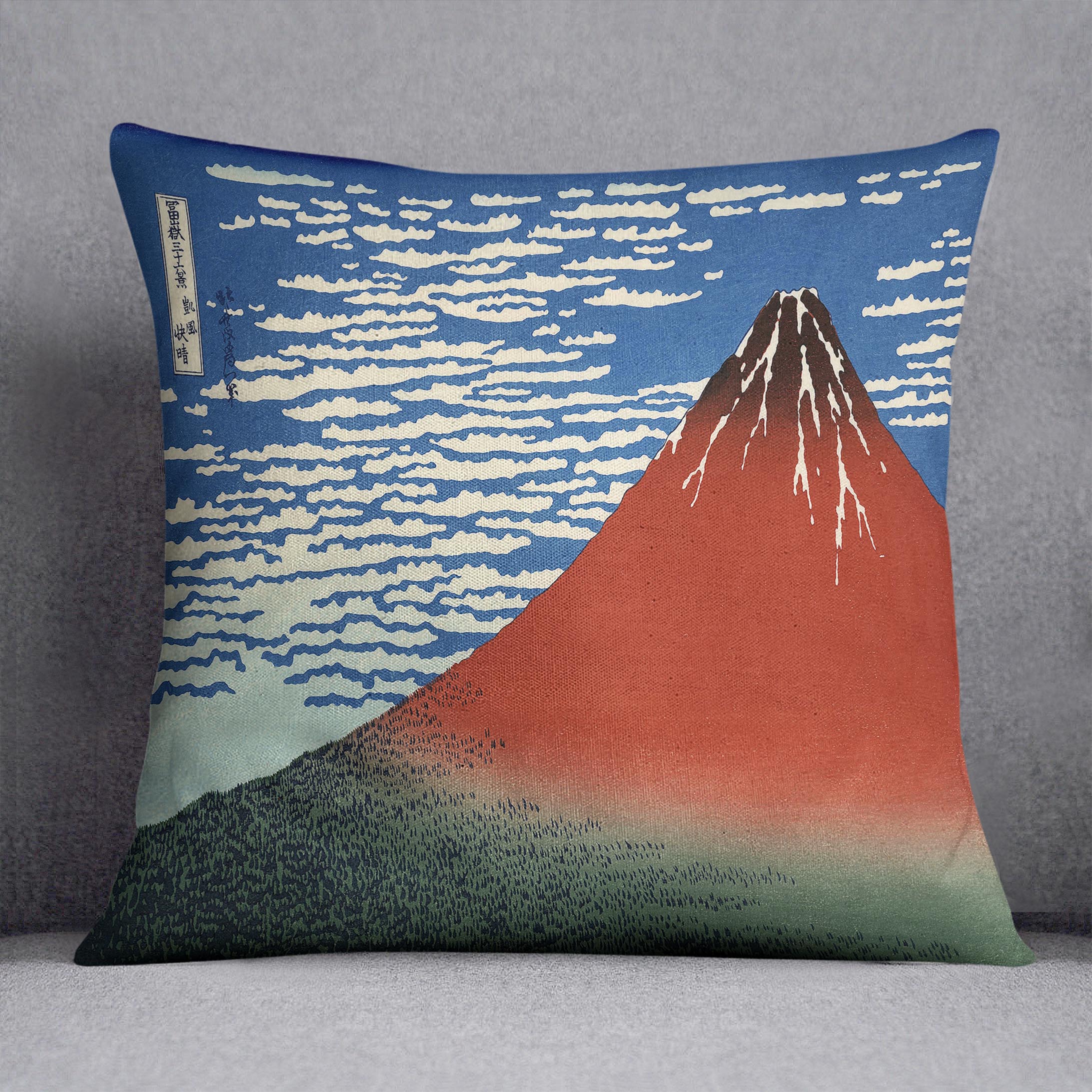 Red southern wind on Fiji on a clear morning by Hokusai Cushion