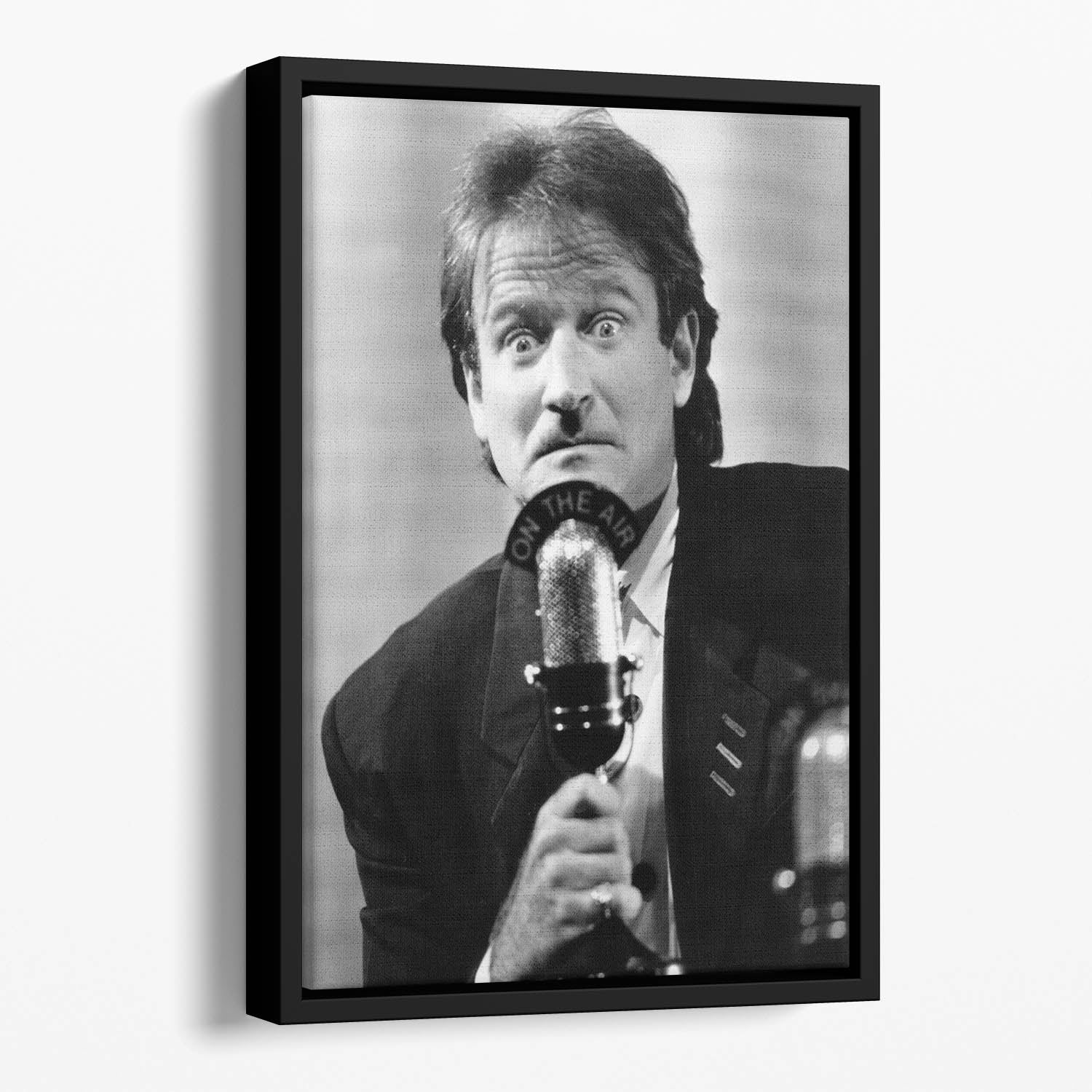 Robin Williams at the microphone Floating Framed Canvas