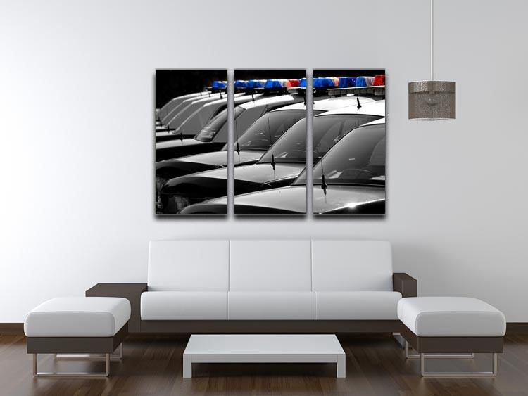 Row of Police Cars with Blue and Red Lights 3 Split Panel Canvas Print - Canvas Art Rocks - 3