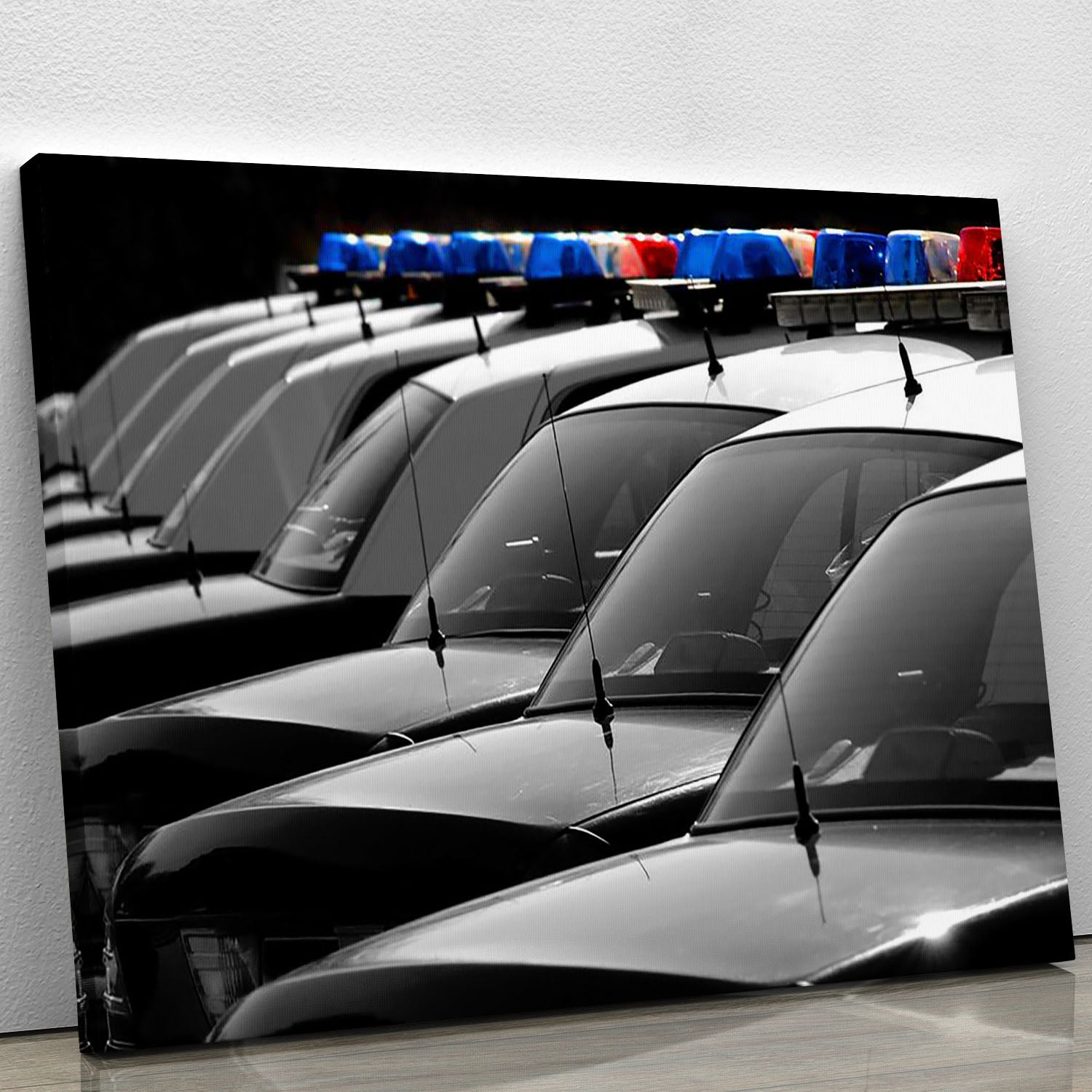 Row of Police Cars with Blue and Red Lights Canvas Print or Poster - Canvas Art Rocks - 1