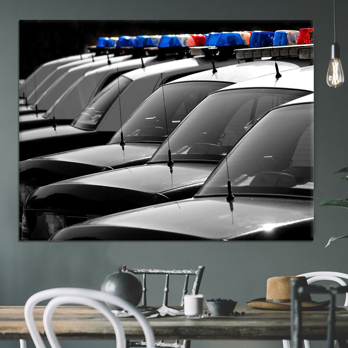 Row of Police Cars with Blue and Red Lights Canvas Print or Poster - Canvas Art Rocks - 3