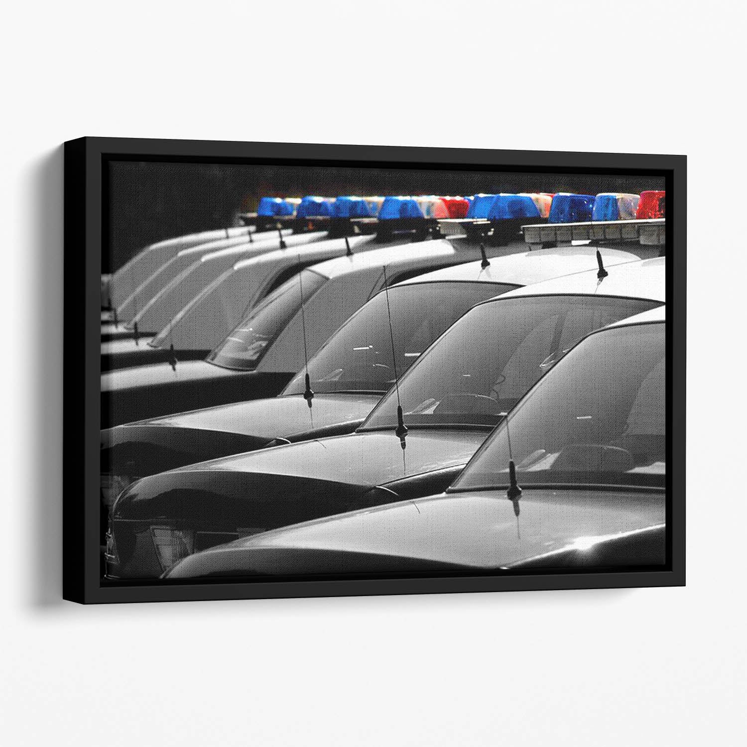 Row of Police Cars with Blue and Red Lights Floating Framed Canvas