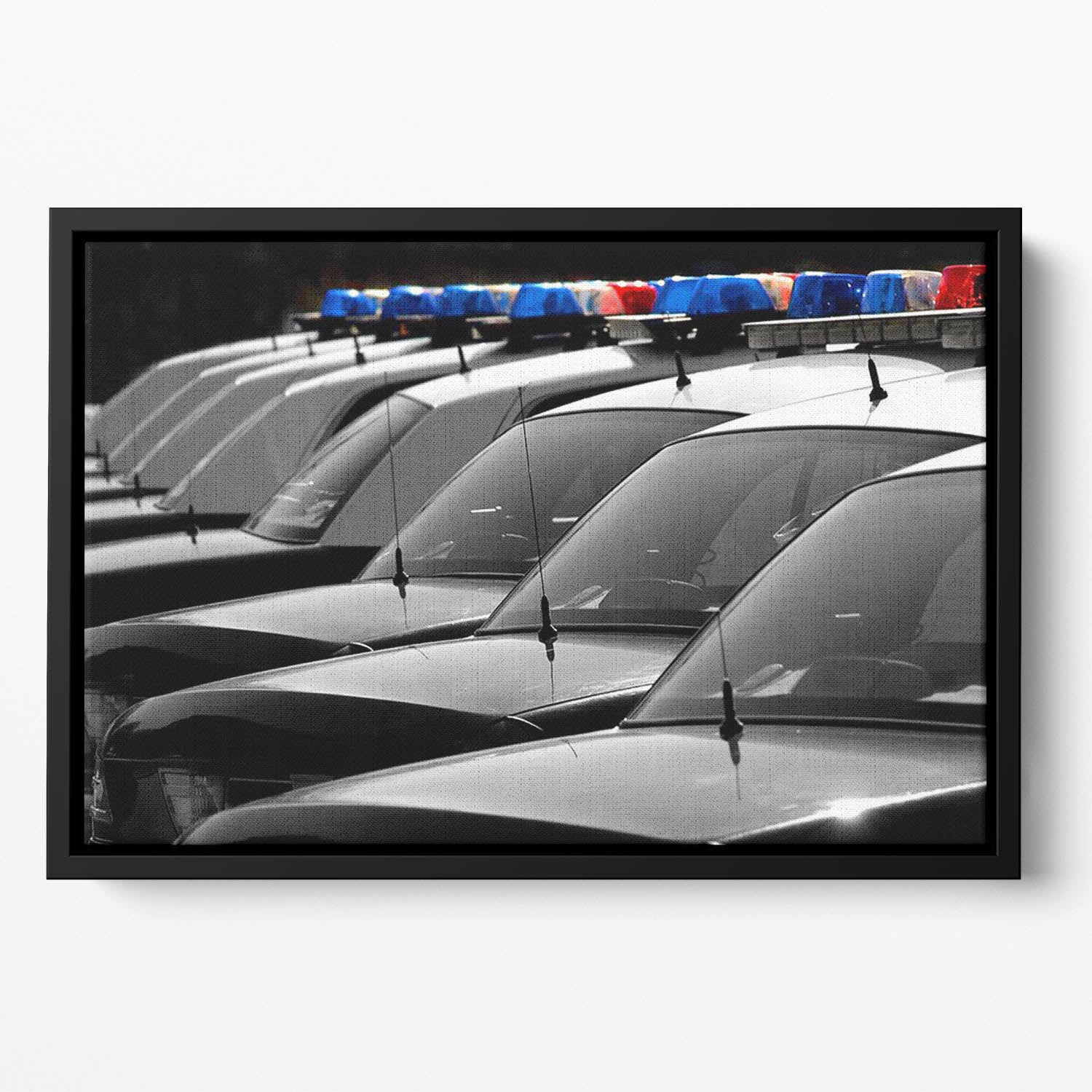 Row of Police Cars with Blue and Red Lights Floating Framed Canvas