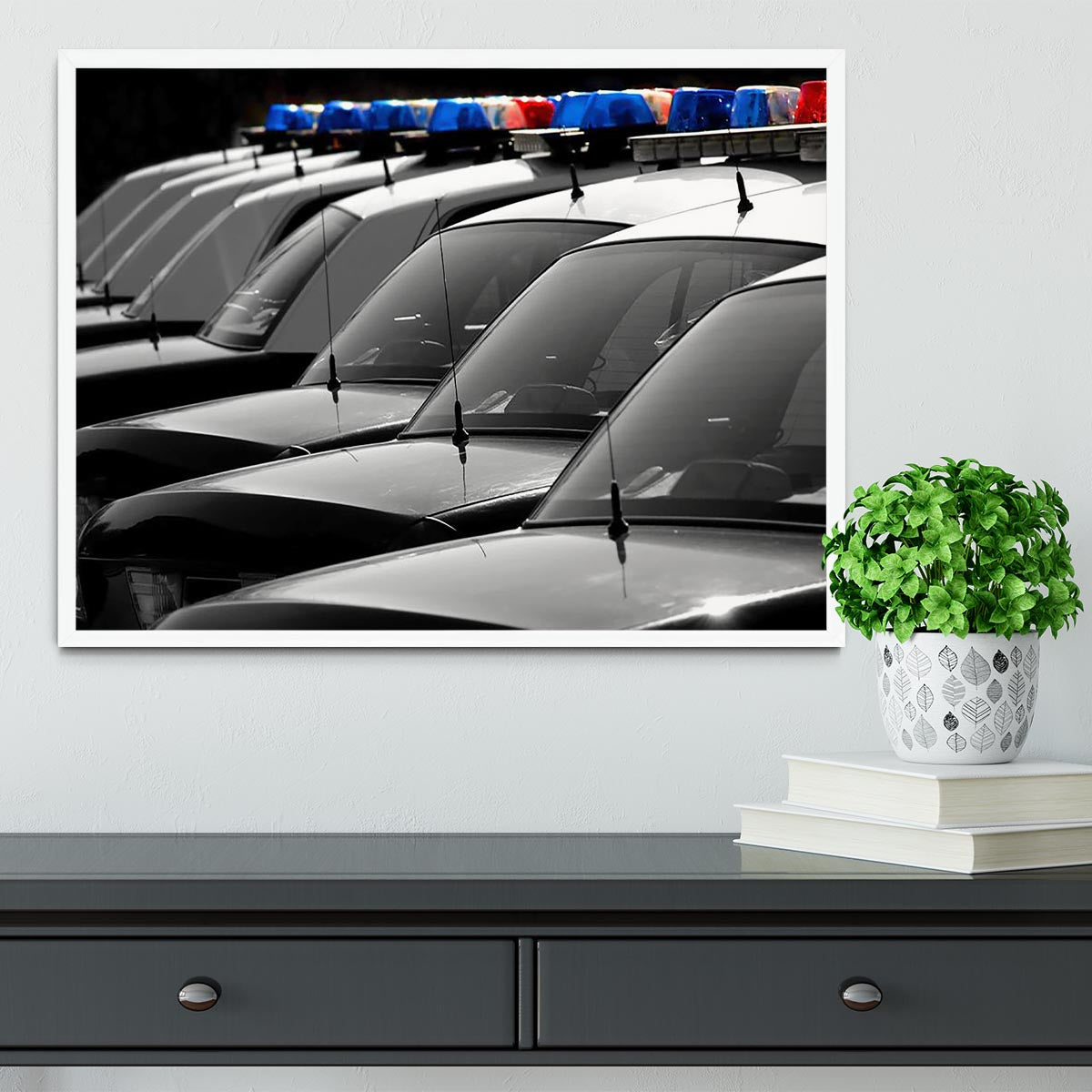 Row of Police Cars with Blue and Red Lights Framed Print - Canvas Art Rocks -6