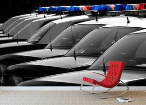 Row of Police Cars with Blue and Red Lights Wall Mural Wallpaper - Canvas Art Rocks - 2