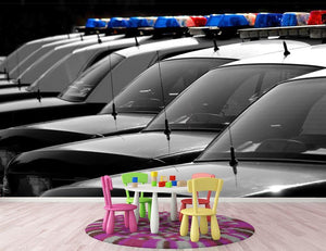 Row of Police Cars with Blue and Red Lights Wall Mural Wallpaper - Canvas Art Rocks - 3