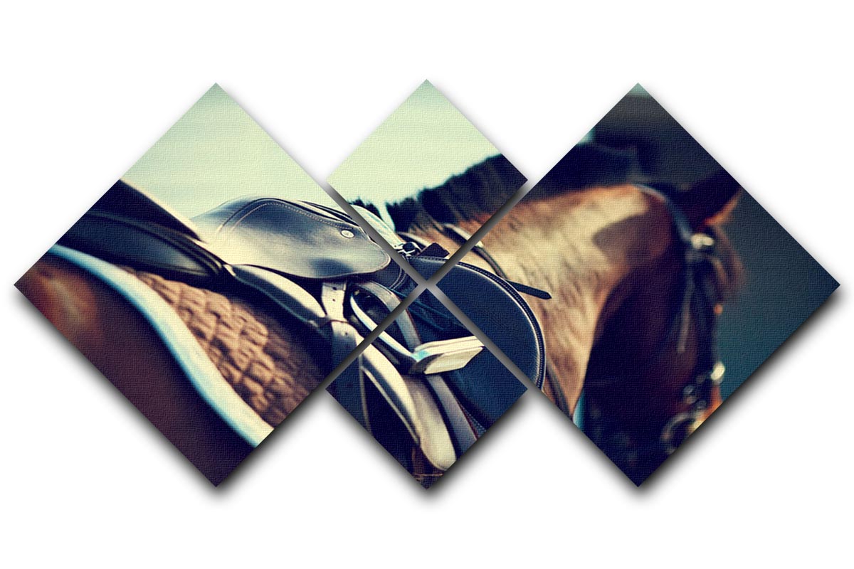 Saddle with stirrups on a back of a brown horse 4 Square Multi Panel Canvas - Canvas Art Rocks - 1