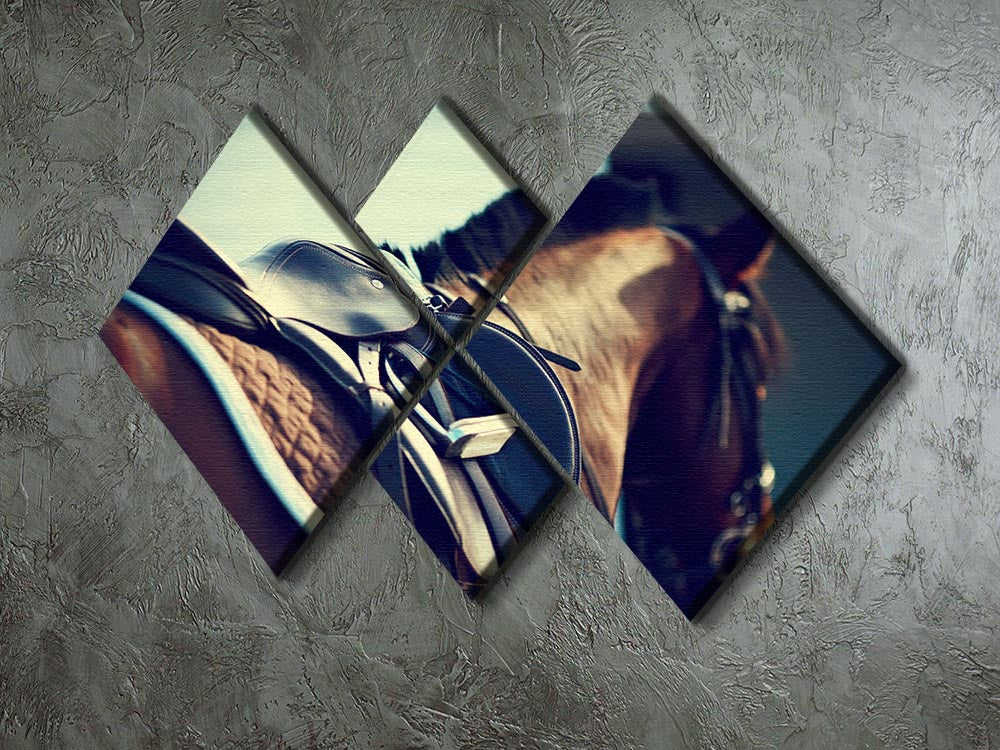 Saddle with stirrups on a back of a brown horse 4 Square Multi Panel Canvas - Canvas Art Rocks - 2