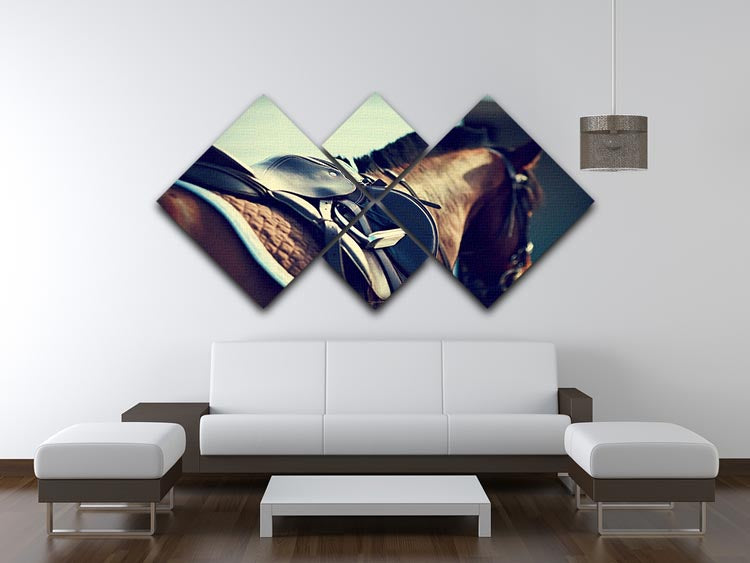 Saddle with stirrups on a back of a brown horse 4 Square Multi Panel Canvas - Canvas Art Rocks - 3