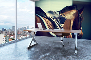 Saddle with stirrups on a back of a brown horse Wall Mural Wallpaper - Canvas Art Rocks - 3