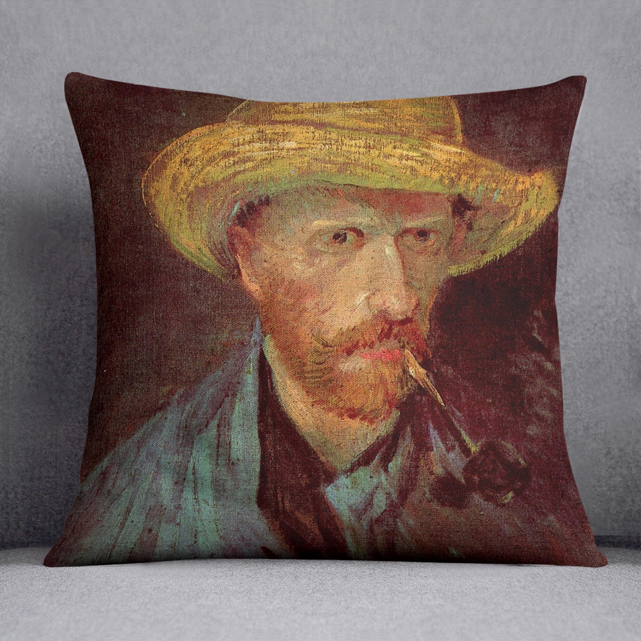 Self-Portrait with Straw Hat and Pipe by Van Gogh Cushion