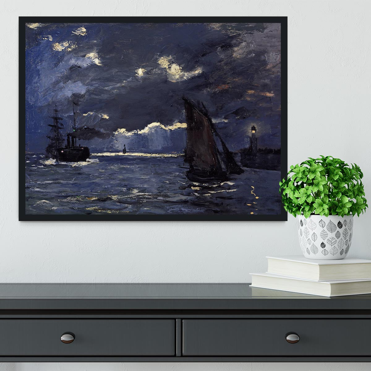 Shipping by Moonlight by Monet Framed Print - Canvas Art Rocks - 2