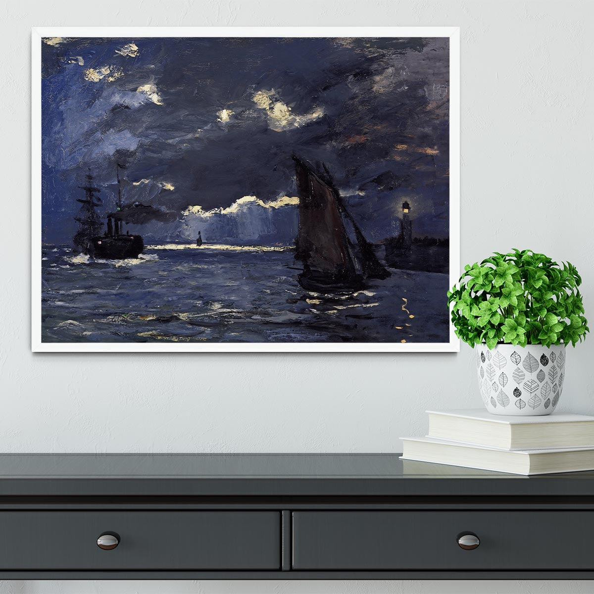 Shipping by Moonlight by Monet Framed Print - Canvas Art Rocks -6