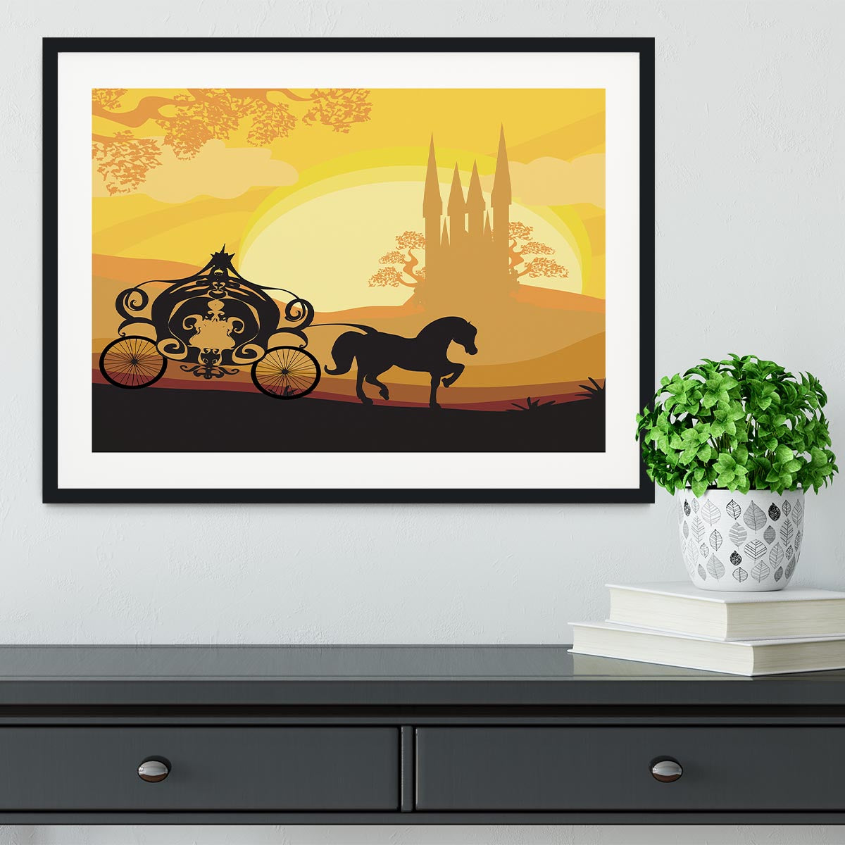 Silhouette of a horse carriage Framed Print - Canvas Art Rocks - 1