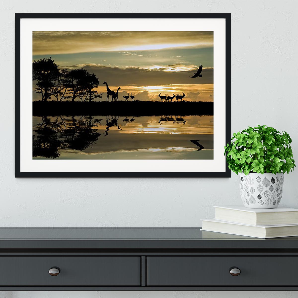 Silhouette of animals in Africa Framed Print - Canvas Art Rocks - 1