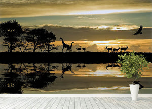 Silhouette of animals in Africa Wall Mural Wallpaper - Canvas Art Rocks - 4