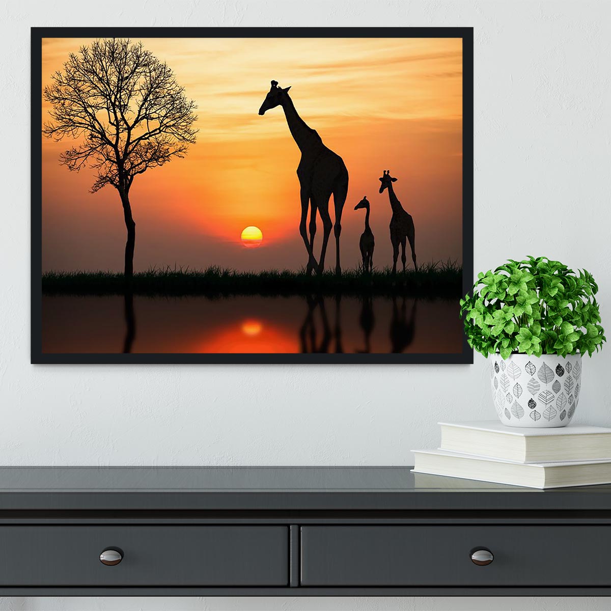 Silhouette of giraffe with reflection in water Framed Print - Canvas Art Rocks - 2