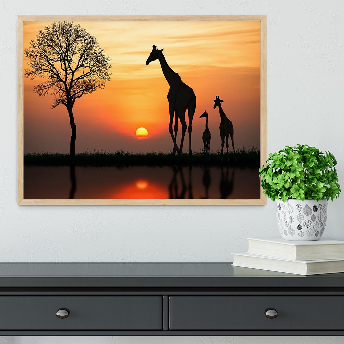 Silhouette of giraffe with reflection in water Framed Print - Canvas Art Rocks - 4