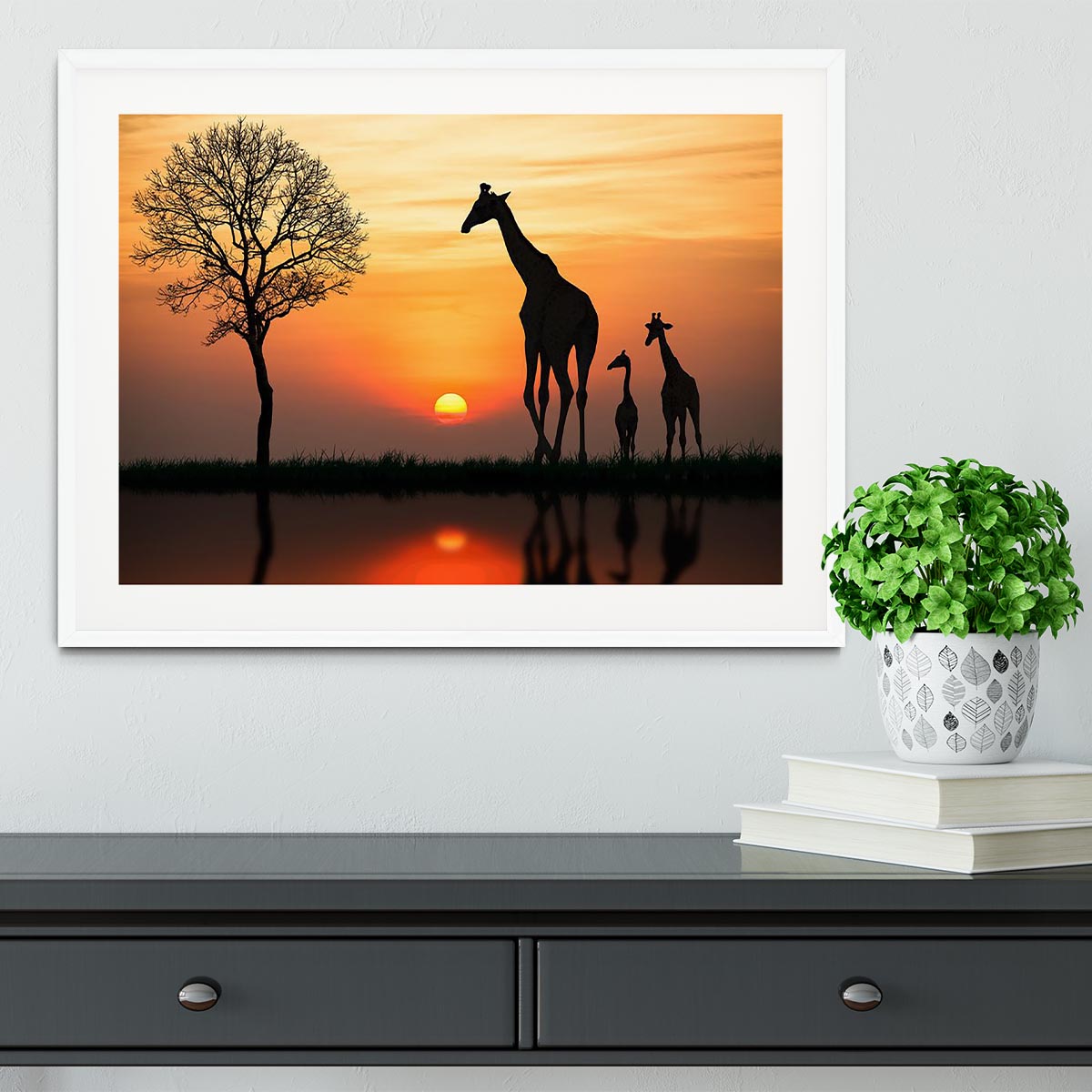 Silhouette of giraffe with reflection in water Framed Print - Canvas Art Rocks - 5