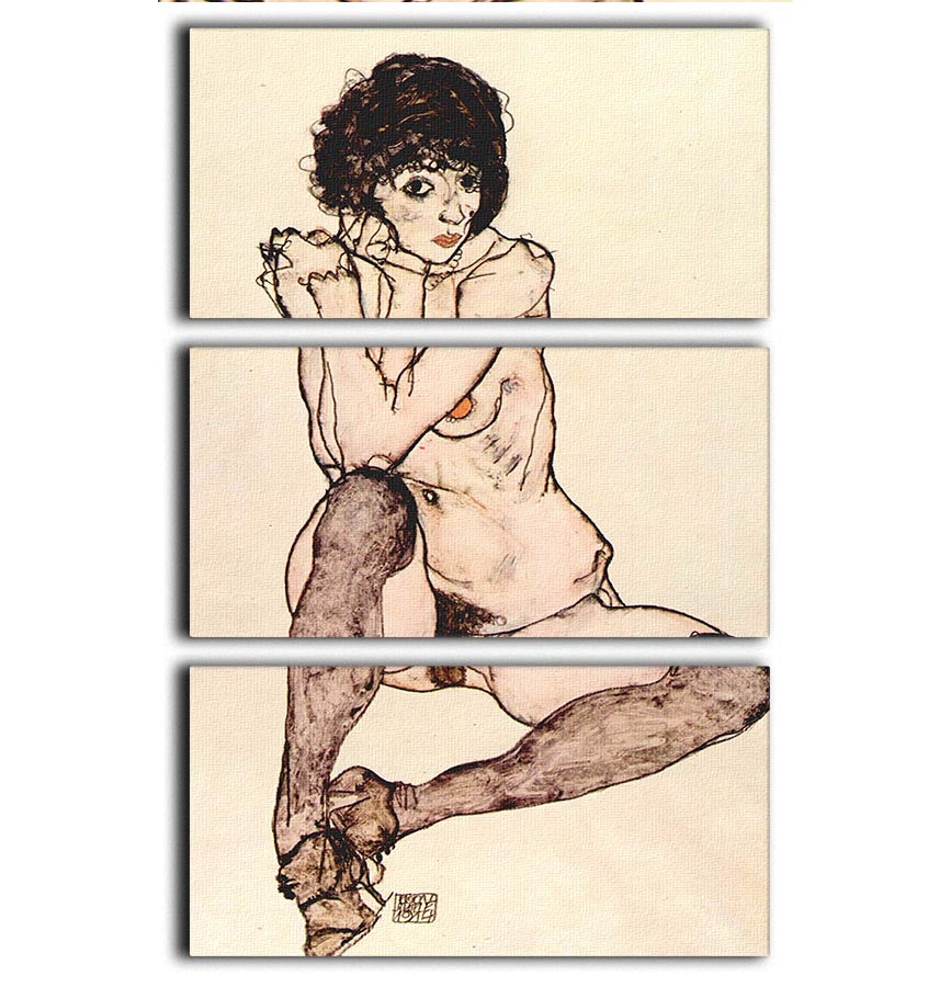 Sitting female nude by Egon Schiele 3 Split Panel Canvas Print - Canvas Art Rocks - 1