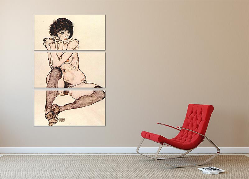 Sitting female nude by Egon Schiele 3 Split Panel Canvas Print - Canvas Art Rocks - 2