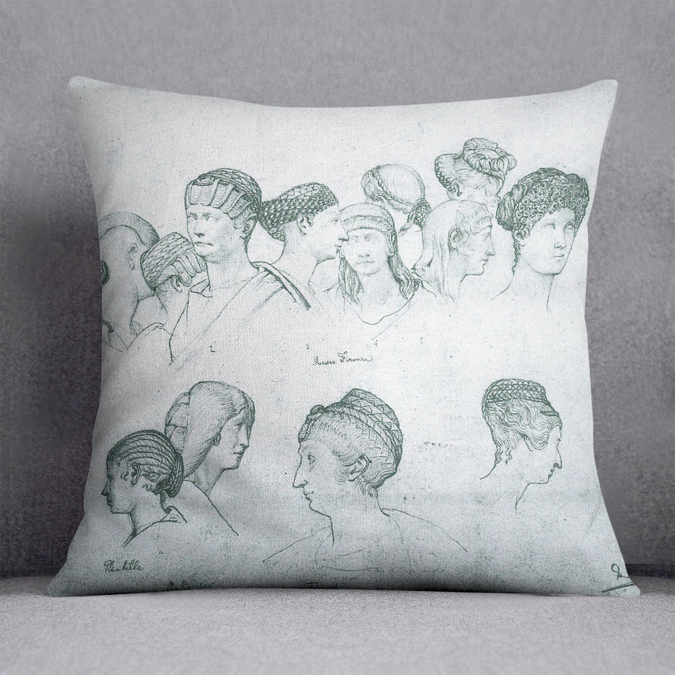Sketch of hairstyles from ancient sculptures by Alma Tadema Cushion - Canvas Art Rocks - 1