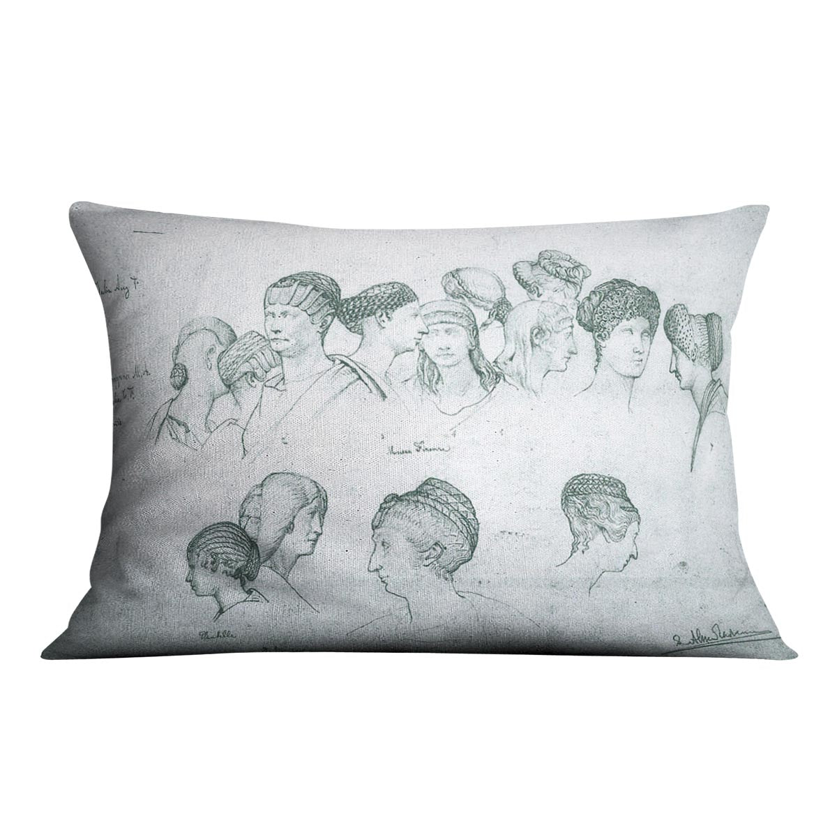 Sketch of hairstyles from ancient sculptures by Alma Tadema Cushion - Canvas Art Rocks - 4