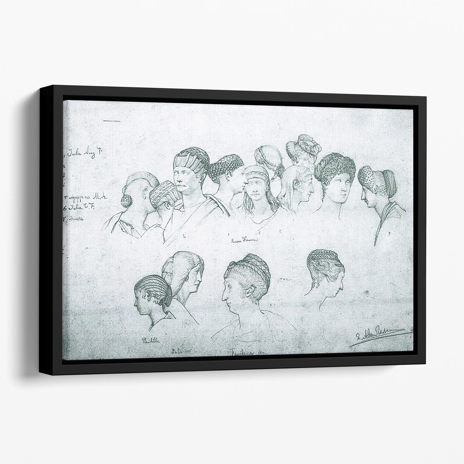 Sketch of hairstyles from ancient sculptures by Alma Tadema Floating Framed Canvas - Canvas Art Rocks - 1