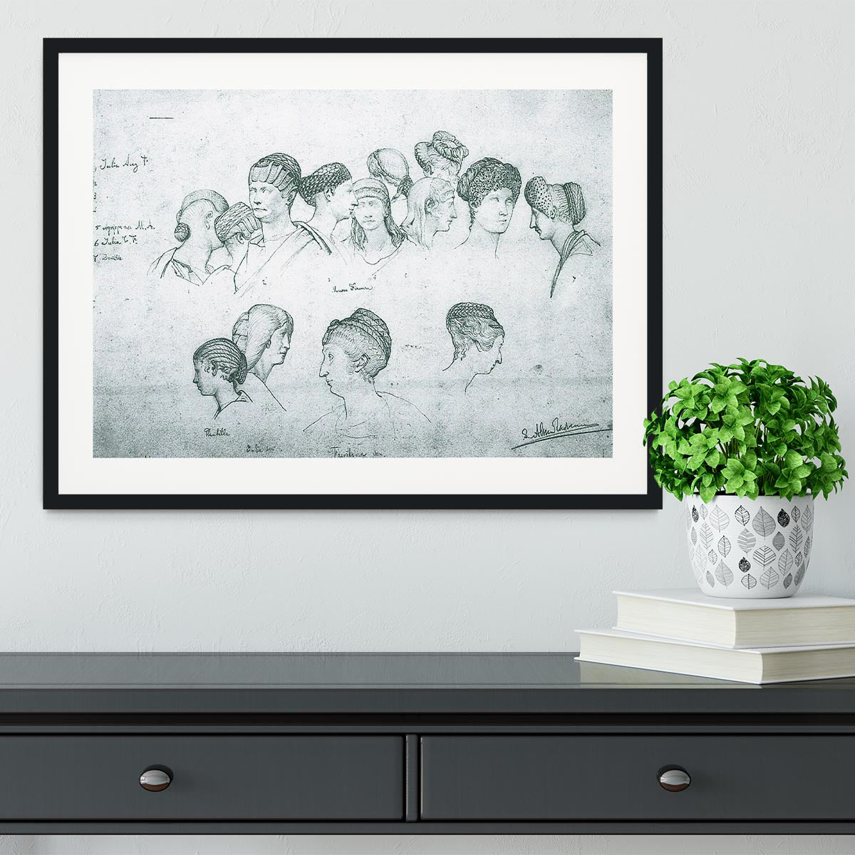 Sketch of hairstyles from ancient sculptures by Alma Tadema Framed Print - Canvas Art Rocks - 1