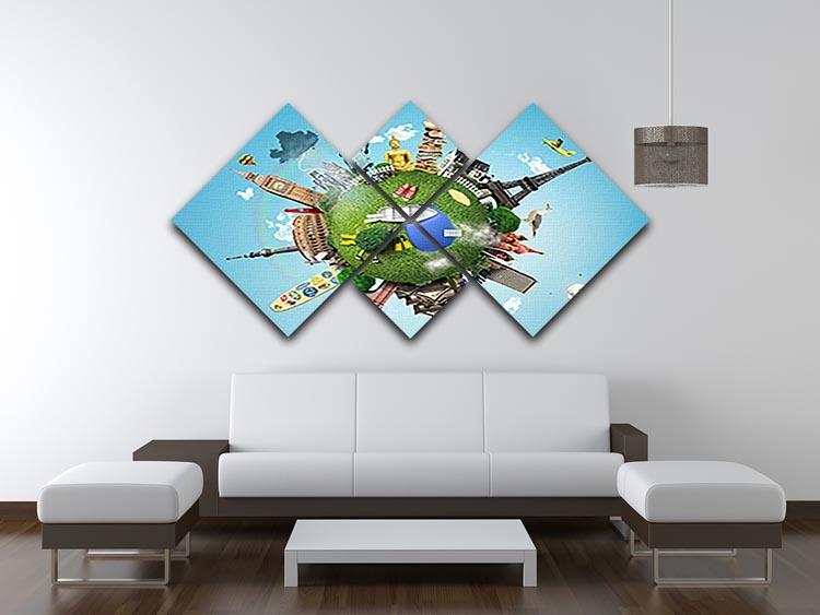Small planet with landmarks around the world 4 Square Multi Panel Canvas - Canvas Art Rocks - 3