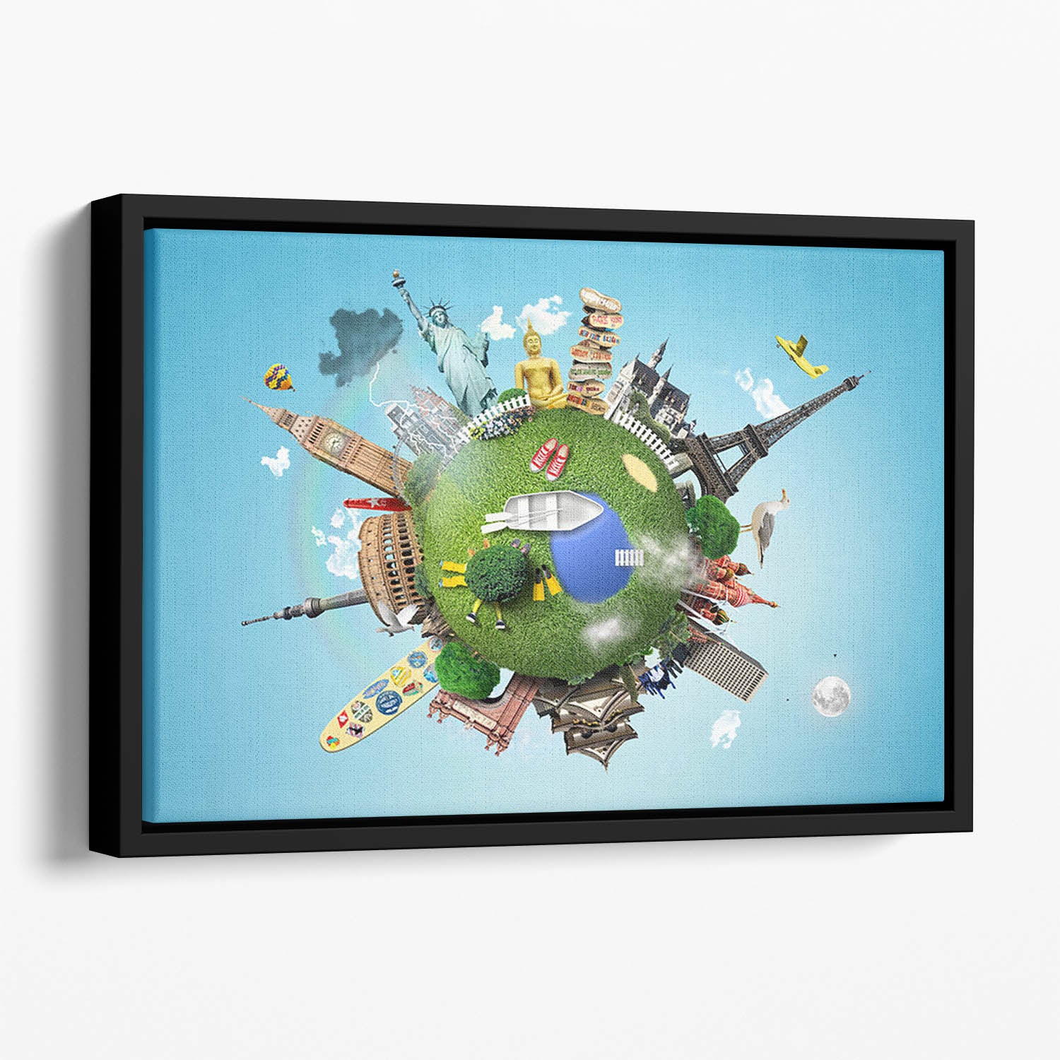 Small planet with landmarks around the world Floating Framed Canvas