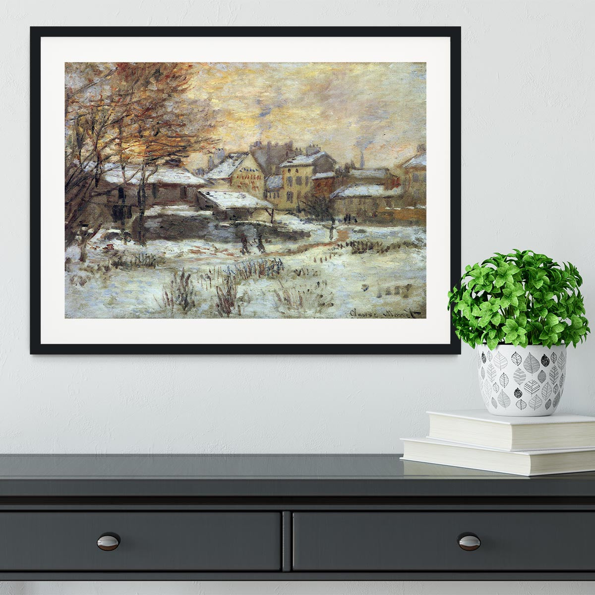 Snow at sunset Argenteuil in the snow by Monet Framed Print - Canvas Art Rocks - 1