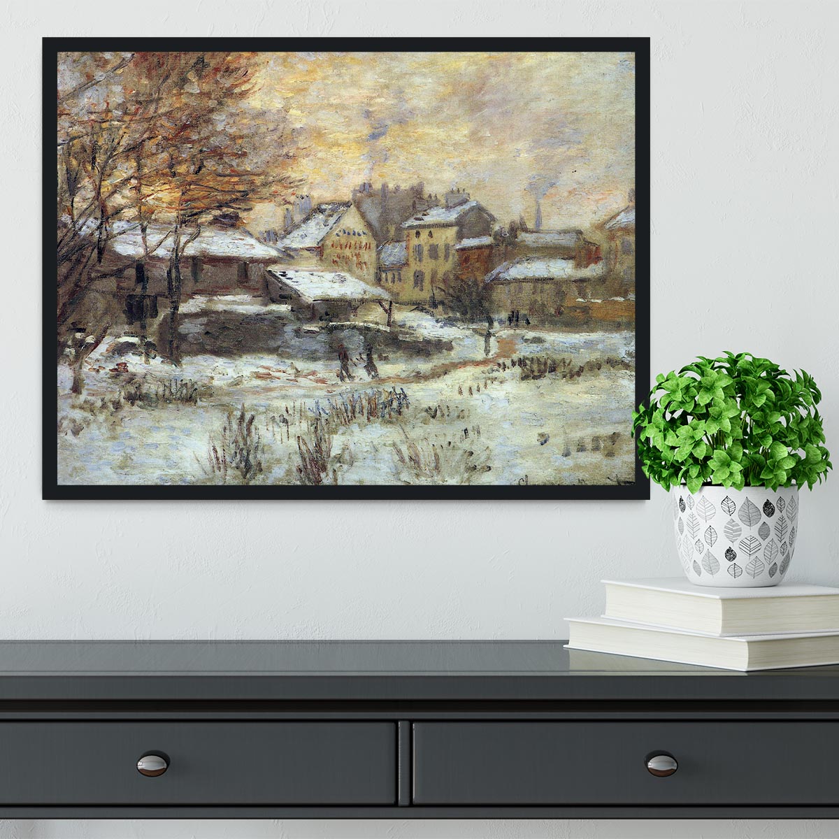 Snow at sunset Argenteuil in the snow by Monet Framed Print - Canvas Art Rocks - 2
