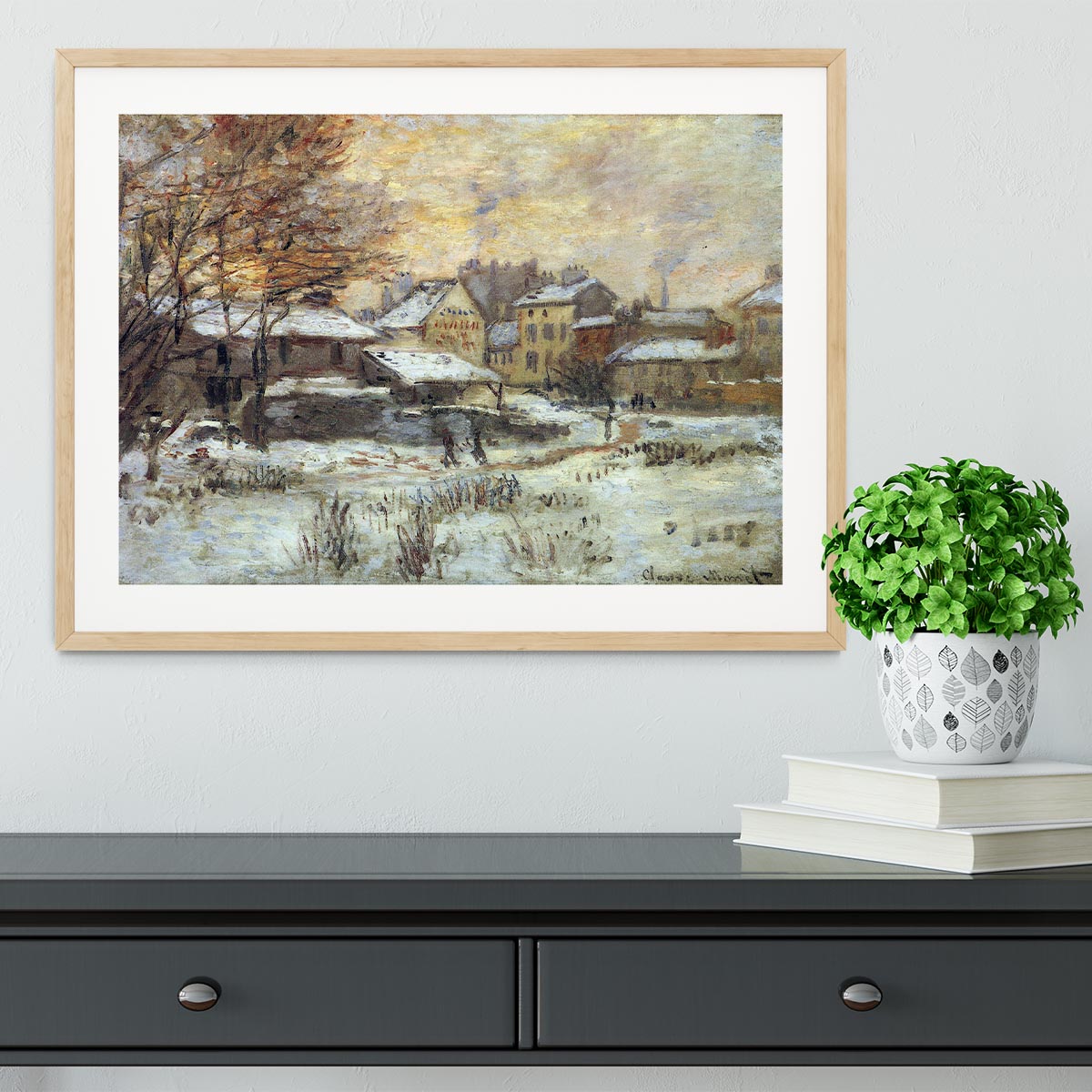 Snow at sunset Argenteuil in the snow by Monet Framed Print - Canvas Art Rocks - 3