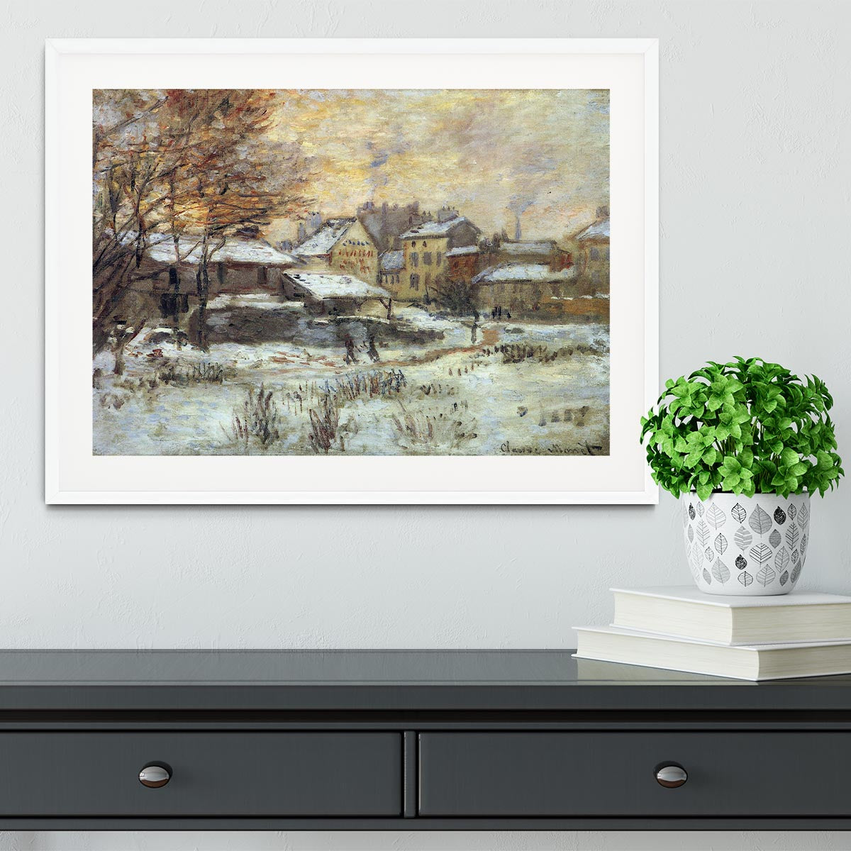 Snow at sunset Argenteuil in the snow by Monet Framed Print - Canvas Art Rocks - 5