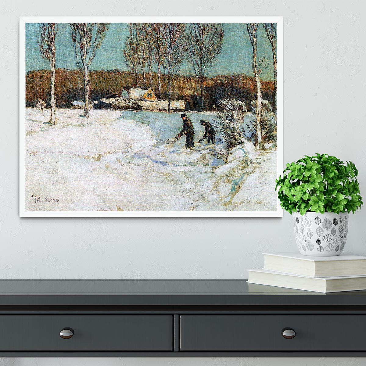 Snow shovels New England by Hassam Framed Print - Canvas Art Rocks -6