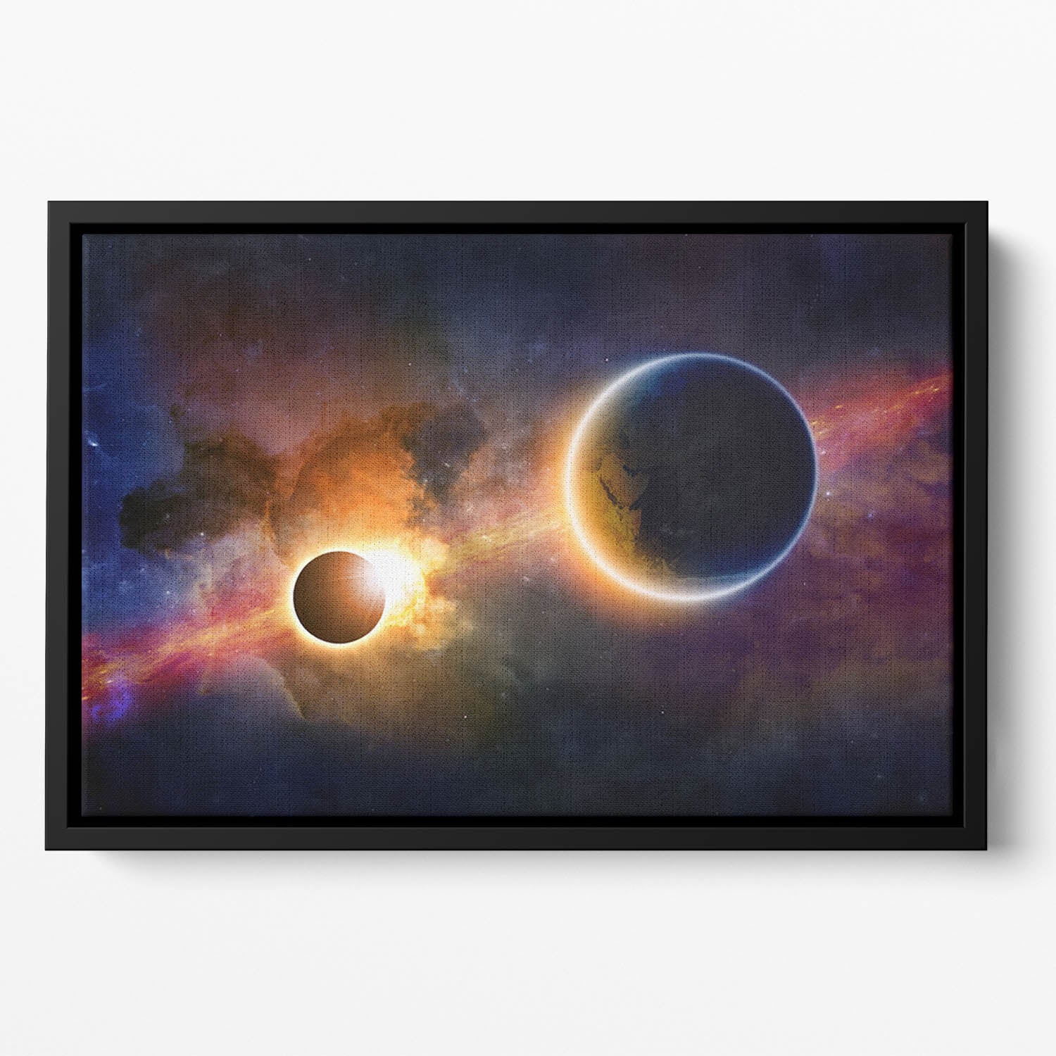 Solar Eclipse Nebula and Stars Floating Framed Canvas