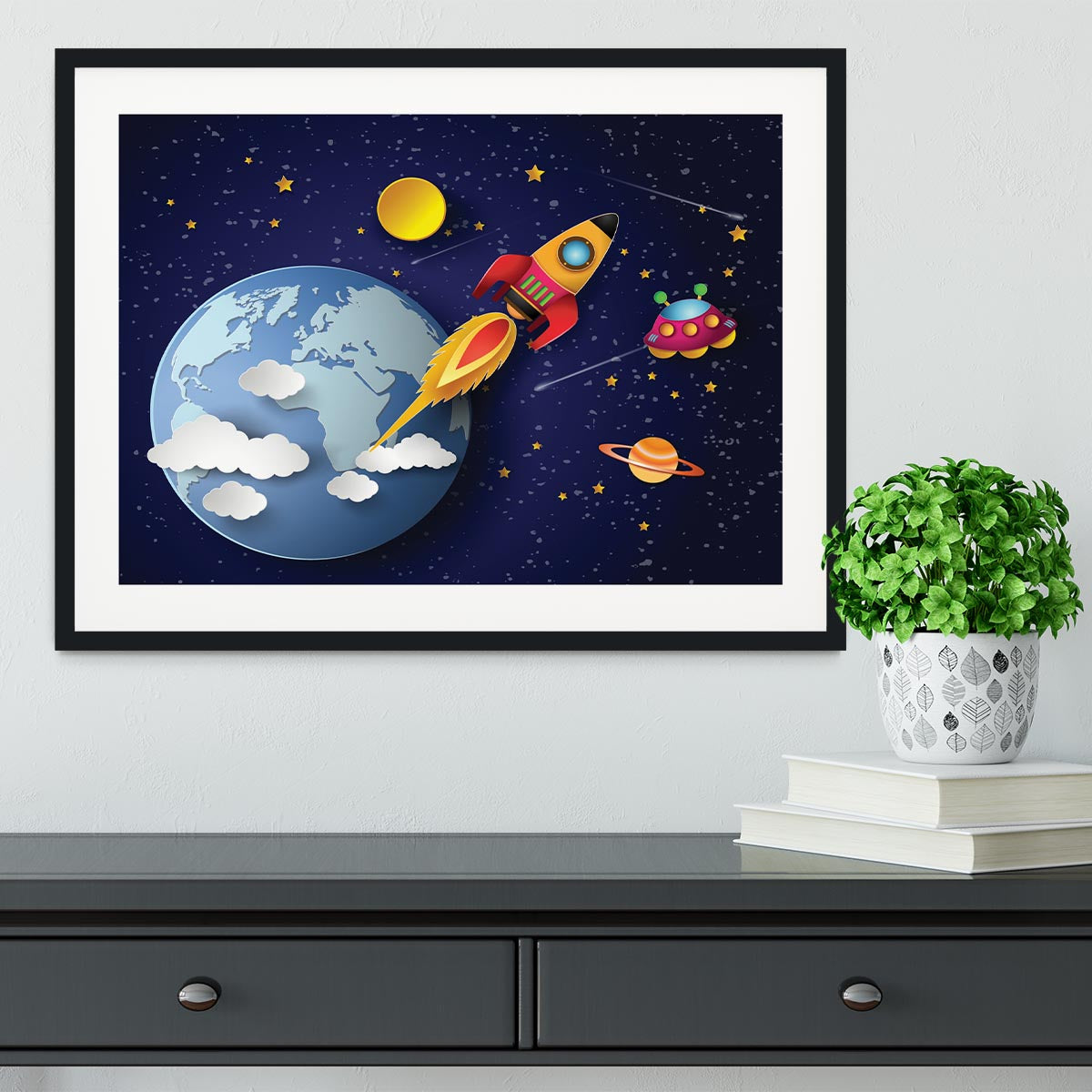 Space rocket launch and galaxy Framed Print - Canvas Art Rocks - 1